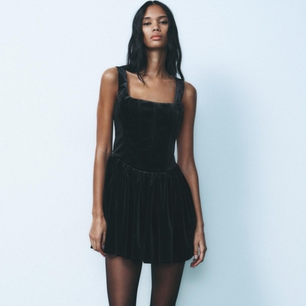 NWT Zara Black Velour Corset Mini Dress Velvet Square Neck Goth Vamp Evening MD